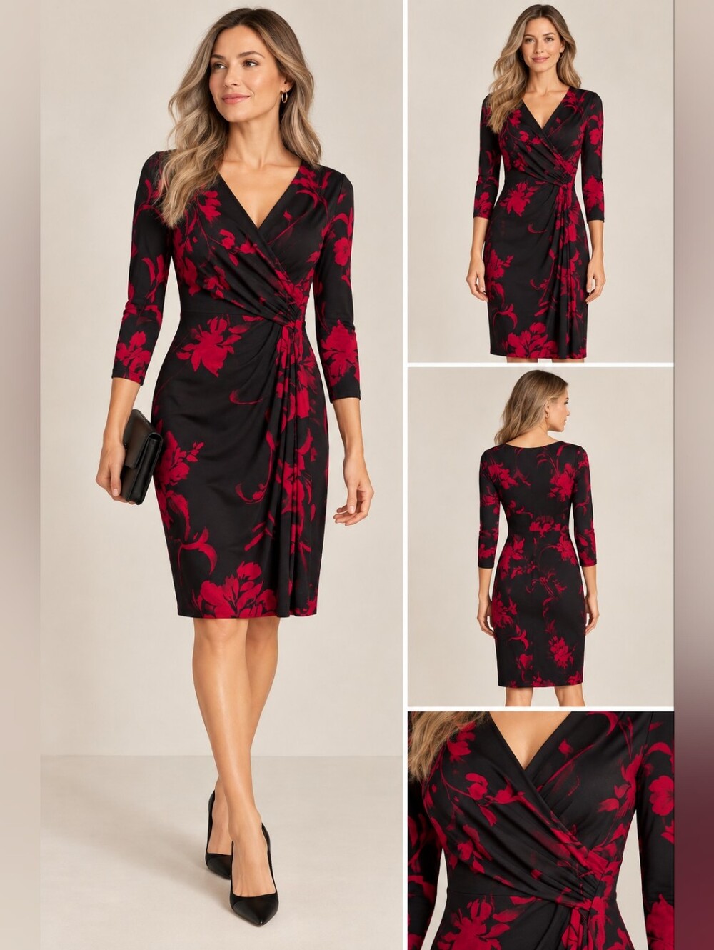 Lauren Ralph Lauren Black Dress with Red Floral Faux-Wrap